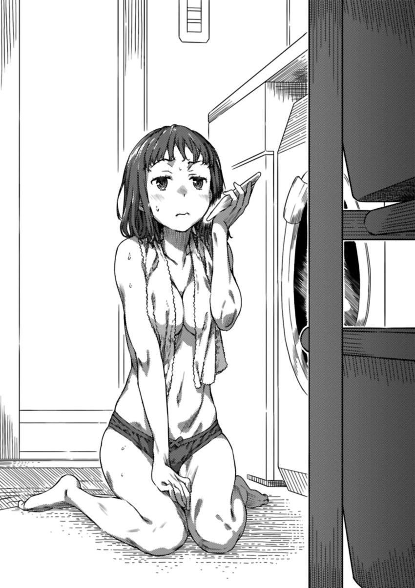 after_shower almost_naked bare_shoulders belly_button big_breasts black_and_white feet haimura_kiyotaka novel_illustration official_art panties short_hair takitsubo_rikou thighs to_aru_majutsu_no_index to_aru_majutsu_no_index:_new_testament towel_over_breasts wet_body