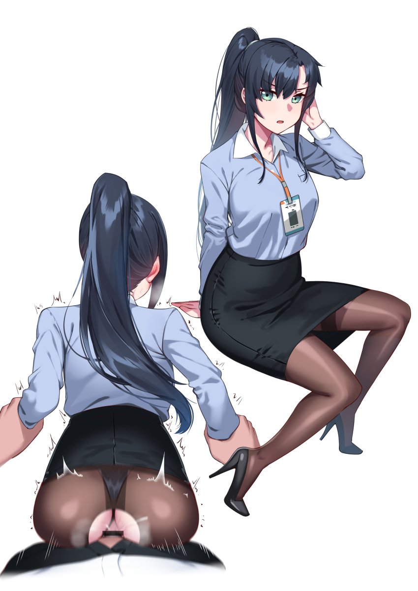 absurdres arm_grab arm_held_back black_hair black_pantyhose breasts censor_bar censored collared_shirt female formal grabbing green_eyes heels hiememiko high-waist_skirt high_heels highres holding_another's_wrist id_card long_hair office_lady original pantyhose pencil_skirt penis ponytail sex sex_from_behind shirt skirt skirt_suit solo_focus straight suit vaginal_penetration white_background