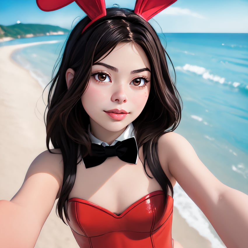 3d_(artwork) ai_generated beach black_bowtie bunny_ears carly_shay icarly l_mammc lmmai miranda_cosgrove playboy_bunny playboy_bunny_costume playboy_bunny_leotard playboy_suit realistic_breast_size red_bunny_ears red_leotard stable_diffusion