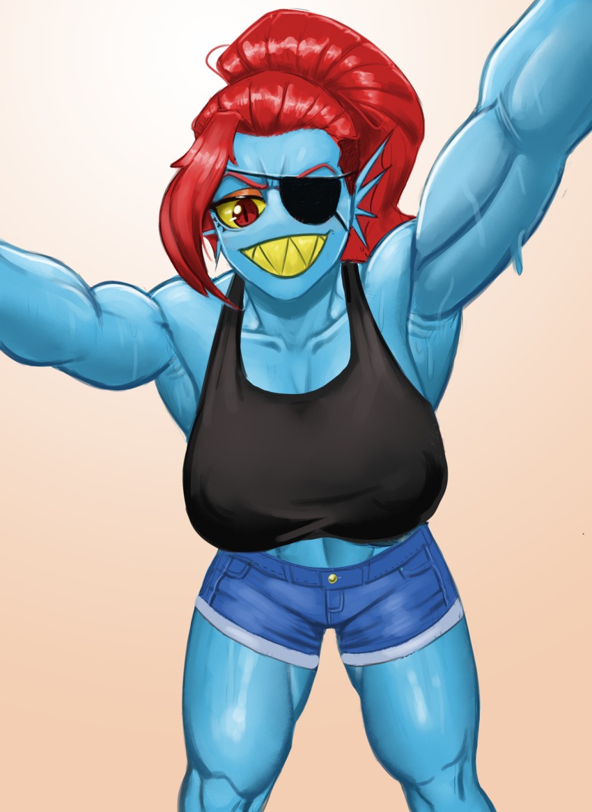 1girls big_breasts breasts buff deltarune eye_patch eyepatch female female_only fish fit fit_female jean_shorts jeans muscular muscular_female ponytail pov red_hair redmanart sharp_teeth solo solo_female sweaty undertale undyne