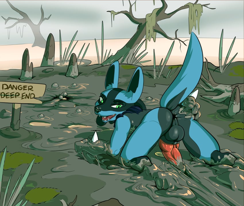 1:1 animal_genitalia anthro ass balls big_butt blazera canid curvy_figure erection knot looking_at_viewer looking_back lucario male male_only mammal mud nintendo nude outside penis pokemon pokemon_(species) presenting presenting_hindquarters quicksand raised_tail sinking solo stuck video_games wam