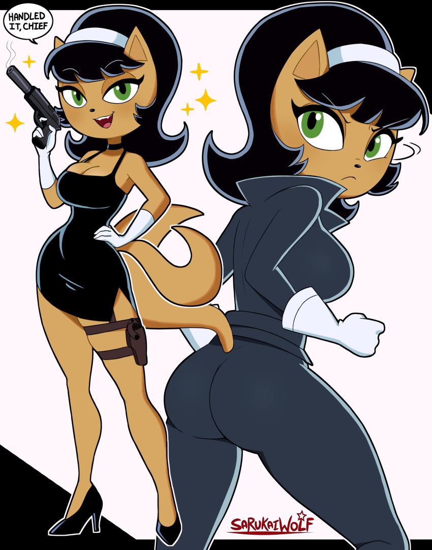 1girls artist_signature black_bodysuit black_dress black_hair brown_fur cat_ears cat_tail catgirl cleavage english_text green_eyes gun hairband high_heels kitty_katswell little_black_dress multiple_outfits sarukaiwolf short_dress smoking_gun speech_bubble t.u.f.f._puppy thigh_holster thigh_strap white_gloves