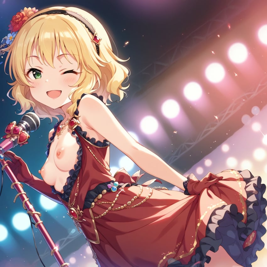 ai_generated blonde_hair idolmaster idolmaster_cinderella_girls nipples red_dress sakurai_momoka small_breasts