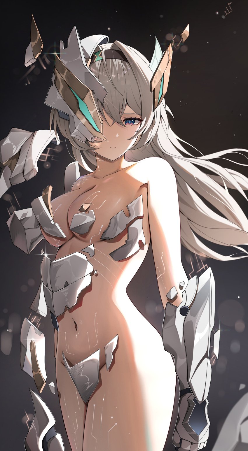 armor broken_armor covered_crotch covered_nipples firefly_(honkai:_star_rail) honkai:_star_rail mask medium_breasts obscured_face partially_obscured_face robotic robotic_arm tasteful_nudity tron_lines yeni1871