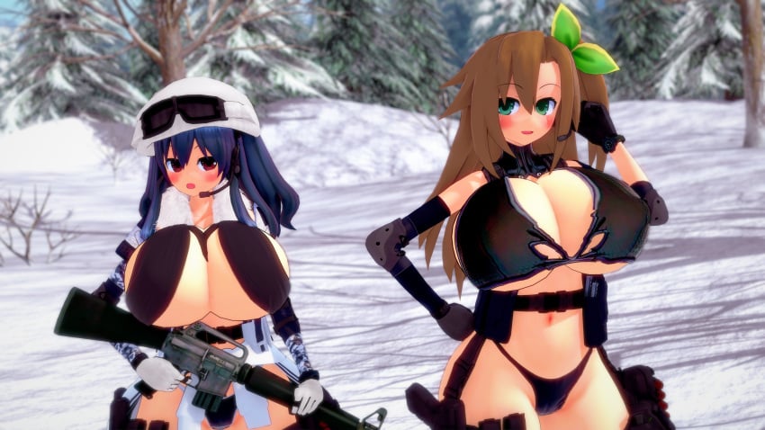 2girls 3d alternate_breast_size arm_up belt black_hair blush brown_hair casual cleavage female firearm green_eyes gun hand_on_hip headgear huge_breasts human if_(neptunia) jared(pixiv60547267) leaf_hair_ornament legwear looking_at_another m16 neptunia_(series) open_mouth outdoors pale_skin partially_clothed red_eyes rifle round_breasts thighs uni_(neptunia) weapon