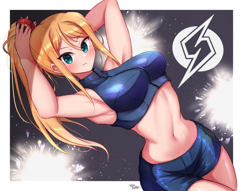 1girls athletic_female big_breasts blonde_hair blue_shirt blue_shorts casual_outfit_(metroid) curvy_figure female female_only metroid metroid_fusion midriff nintendo ponytail samus_aran solo tagme thick_thighs wata_ridley wide_hips