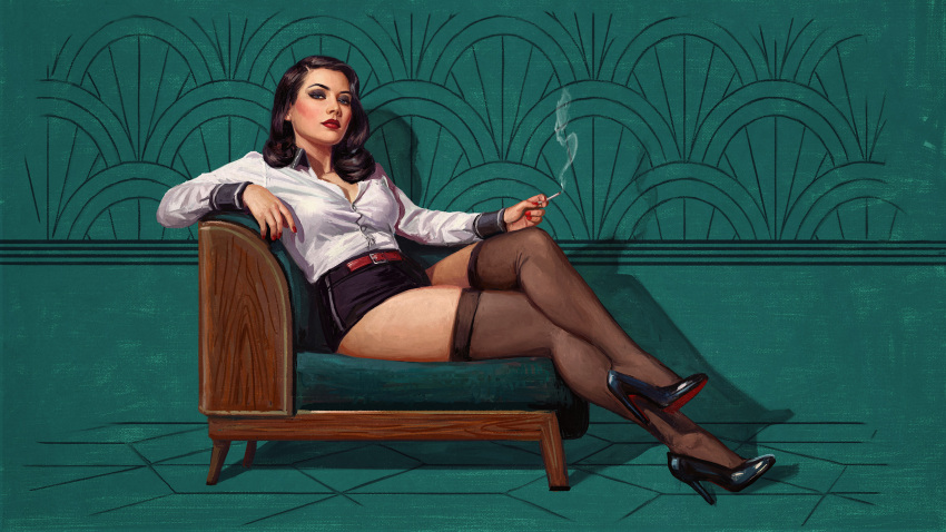 1female 1girls 1woman 2d 2d_(artwork) 2d_artwork astoralexander bioshock bioshock_infinite burial_at_sea busty clothed_female elizabeth_comstock elizabeth_comstock_(burial_at_sea) female female_focus female_only female_solo full_body girl girl_only high_heels hourglass_figure makeup miniskirt nail_polish nylons pinup pinup_pose realistic shirt sitting skirt solo solo_female solo_focus stockings tagme video_game_character wide_hips woman