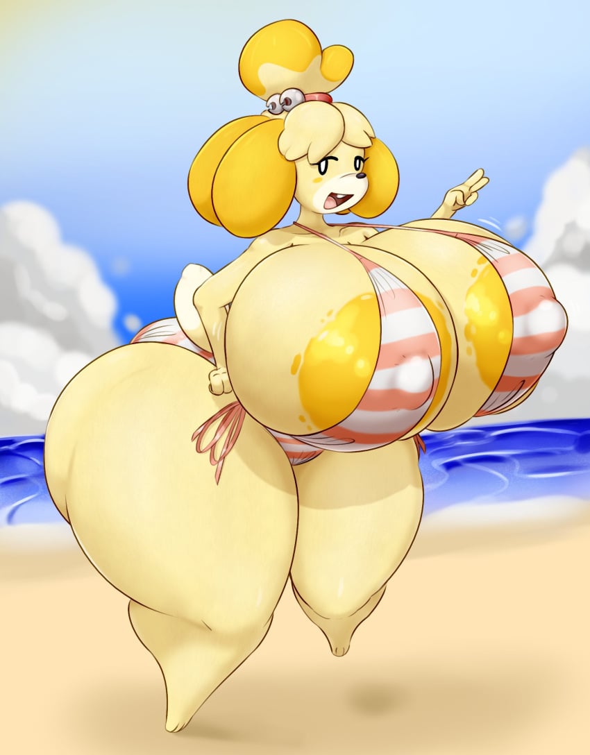 animal_crossing beach big_ass big_breasts big_nipples bikini breasts canine female furry huge_breasts hyper_ass hyper_breasts isabelle_(animal_crossing) nintendo no_futa red_eclipse thick_thighs wide_hips