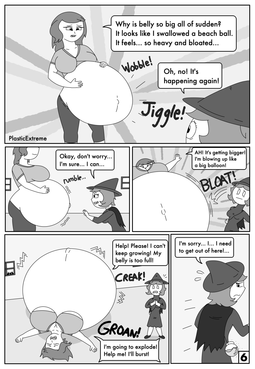 about_to_burst balloon_inflation belly_expansion comic dialogue female hyper_belly inflation page_6 plasticextreme tagme witch