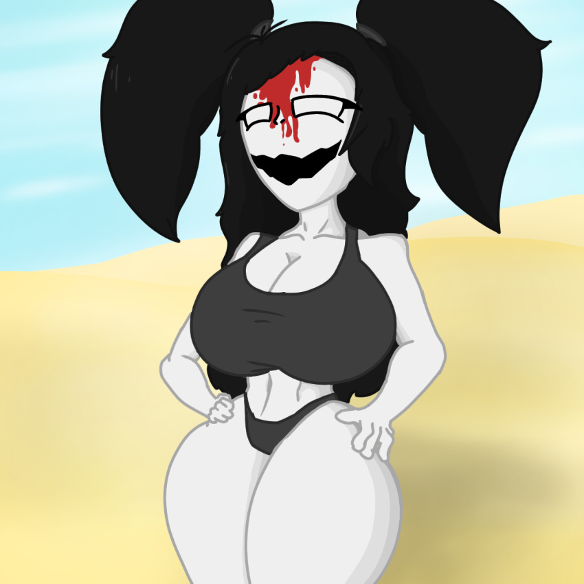 background beach big_ass big_breasts bikini blood_on_face cd2006(artist) color digital_media_(artwork) ghost_girl_(slendytubbies) gray_hair hand_on_hip ponytail smile thick_thighs white_body white_eyes