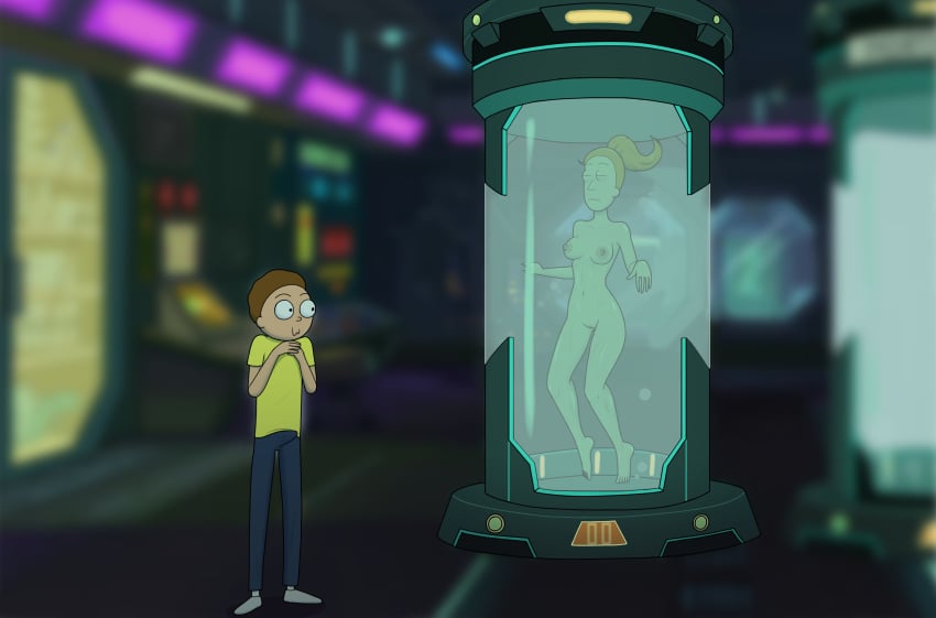 adult_swim areolae boner breasts brother_and_sister brown_hair clone closed_eyes clothed_male_nude_female color container curvy diklonius female hi_res male morty_smith naked naked_female ponytail red_hair rick_and_morty sci-fi simple_background summer_smith thick_thighs