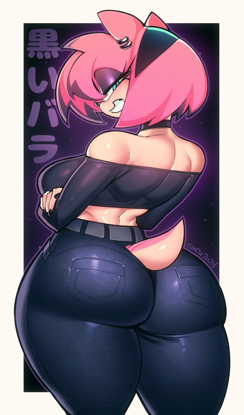 absurd_res amy_rose anthro ass big_breasts big_butt bottomwear breasts choker clothed clothing collar ear_piercing ear_ring female fully_clothed gofa hi_res huge_butt jewelry legwear makeup necklace pants piercing ring_piercing sega solo sonic_(series) sonic_the_hedgehog_(series) tagme tail thick_thighs tight_bottomwear tight_clothing tight_pants tights