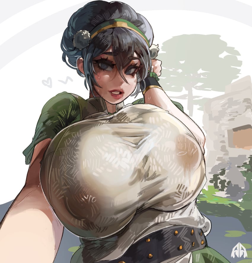 1girls alamanderarts areolae areolae_visible_through_clothing avatar_legends avatar_the_last_airbender big_breasts black_hair blind breasts busty clothing earth_kingdom female female_only huge_breasts large_breasts looking_at_viewer selfie solo toph_bei_fong