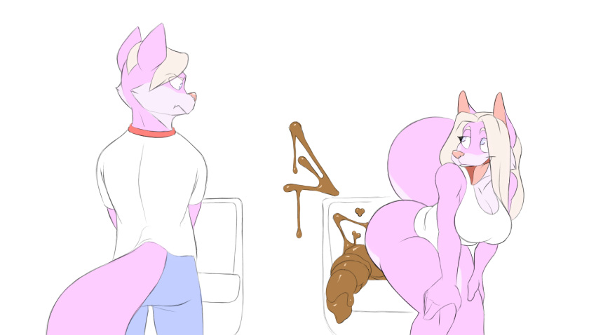 annoyed anthro blonde_hair canid canine canis cassandra_(el_brapitto) diarrhea domestic_dog duo el_brapitto feces female fur hair hi_res kevin_(el_brapitto) male male/female mammal peeing pink_body pink_fur scat scat smile urinal