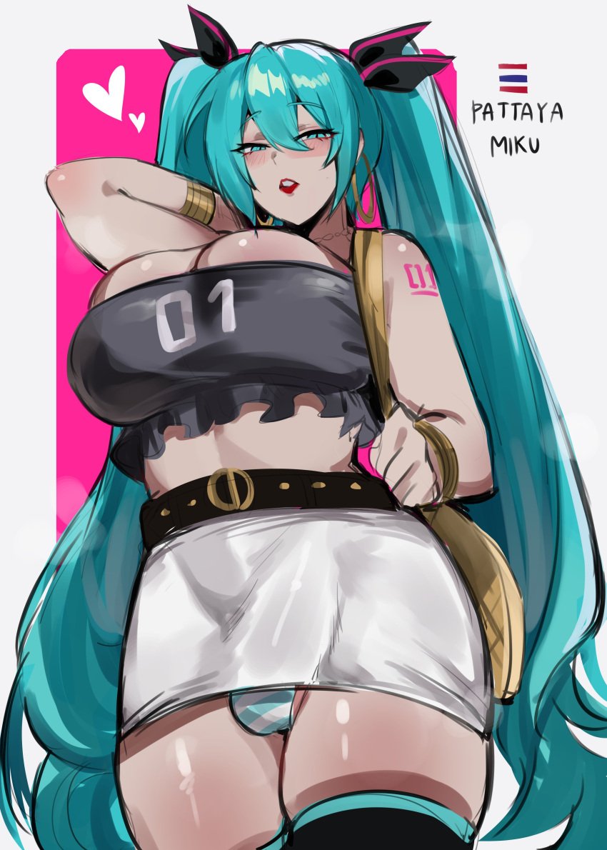 1futa breasts bulge dickgirl futa_only futanari hatsune_miku hoop_earrings kurenaiz1 ladyboy large_breasts revealing_clothes shemale skimpy standing thai thick_thighs thighhighs vocaloid