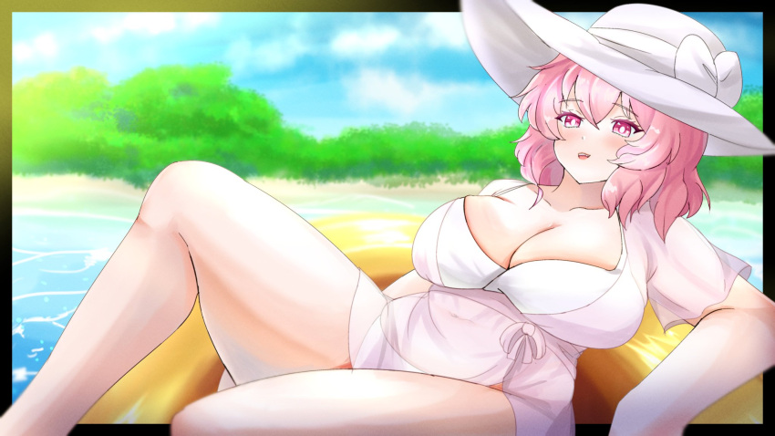 1girls beach big_breasts bikini breasts cleavage clothed_female ghost ghost_girl ginari hat light-skinned_female mature_female pink_eyes pink_hair see-through_clothing thick_thighs thighs touhou touhou_lost_word yuyuko_saigyouji