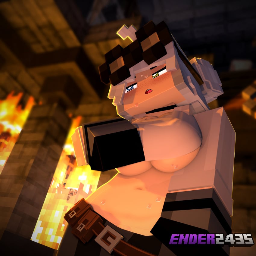 1girls 3d big_breasts blush breasts breasts_out ender2435 female female female_only freckles goggles_on_head grace_(ender2435) heterochromia light-skinned_female light_skin minecraft mostly_clothed open_mouth pulling_clothing solo solo_female sweat sweating tagme underboob white_hair