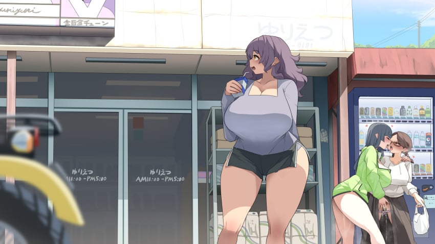 3girls big_breasts casual clothed clothing convenience_store erect_nipples exhibitionism female fingering heart huge_breasts human kissing lesbian manual monobe monobe_yuri multiple_girls nipples_visible_through_clothing original original_character outdoors pale_skin panties_down public shorts skirt tagme vaginal vending_machine yuri