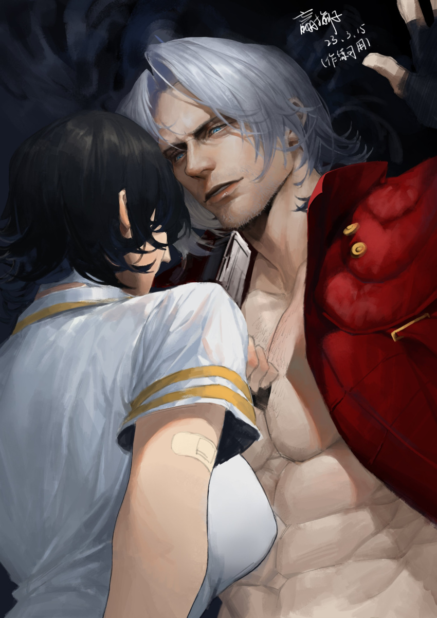 1boy 1boy1girl 1girls abs blue_eyes breasts dante dante_(dmc:_devil_may_cry) devil_may_cry devil_may_cry_5 dilf facial_hair female long_hair_male looking_at_another male male/female male_only male_penetrating mature_male muscular muscular_male open_clothes open_shirt pecs pretty_boy realistic shirt short_hair_female short_sleeves straight upper_body y/n