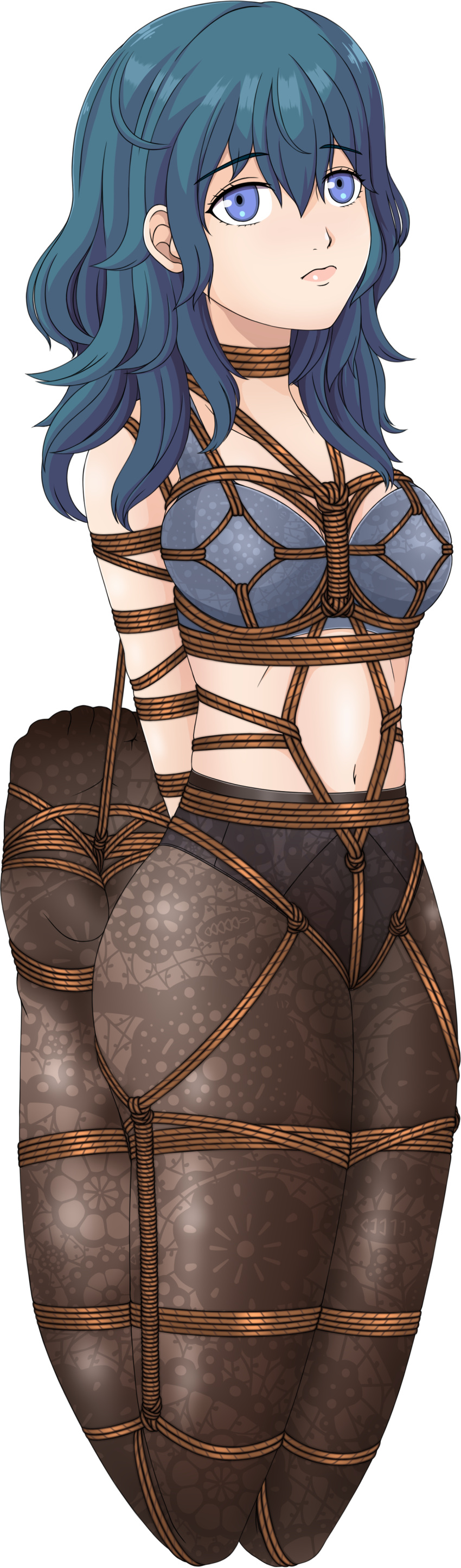 1girls alpha_channel arms_behind_back bare_midriff black_panties blue_bra blue_eyes bondage bound bound_arms bound_legs bra breasts byleth_(fire_emblem) byleth_(fire_emblem)_(female) expressionless falalalalalalal female female_only femsub fire_emblem fire_emblem:_three_houses for_sticker_use leggings looking_at_viewer medium_breasts medium_hair midriff nintendo no_background panties pantyhose png restrained rope rope_bondage solo sticker_template teal_hair transparent_background transparent_png underwear