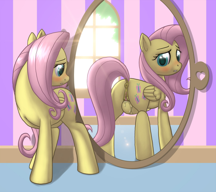 2012 anus ass blue_eyes blush cutie_mark equine female fluttershy_(mlp) friendship_is_magic fur furry furry_only hair horse long_hair looking_back masturbation mirror my_little_pony pegasus pink_hair pony pussy pussy_juice reflection smooth_skin solo tail wings yellow_fur zed001