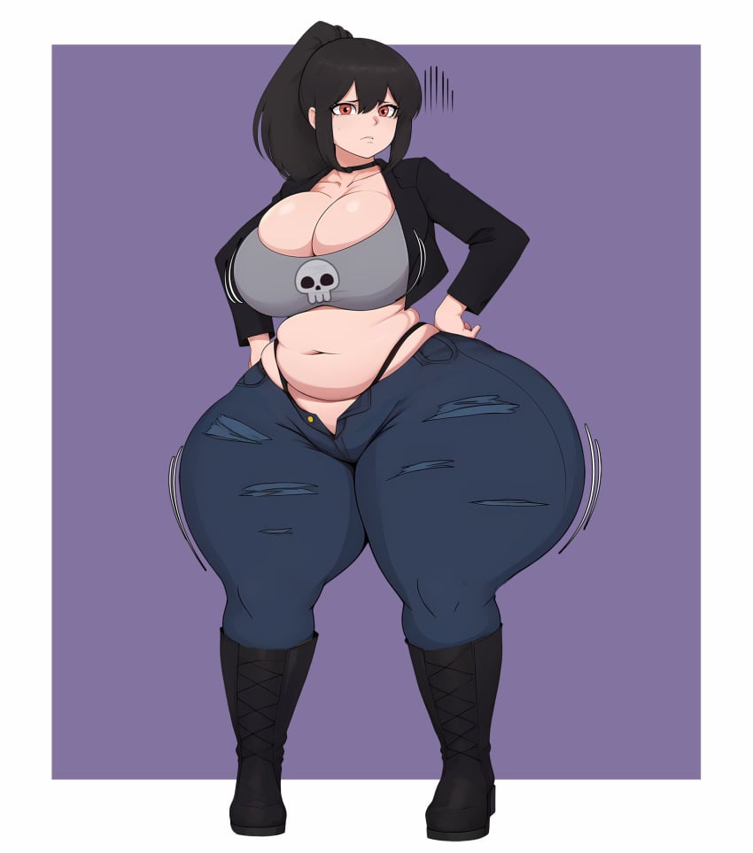 1girls ai_assisted ass_body bad_anatomy big_breasts black_boots black_choker black_hair black_jacket black_thong boob_window boots breasts choker chubby chubby_belly chubby_female cleavage female female_only goth goth_girl grey_shirt jacket jeans large_breasts midriff monkechrome navel orange_eyes pale-skinned_female pale_skin ponytail skull_symbol tai-pot_(kejohndrawing) thick_thighs thong unbuttoned_pants wide_hips