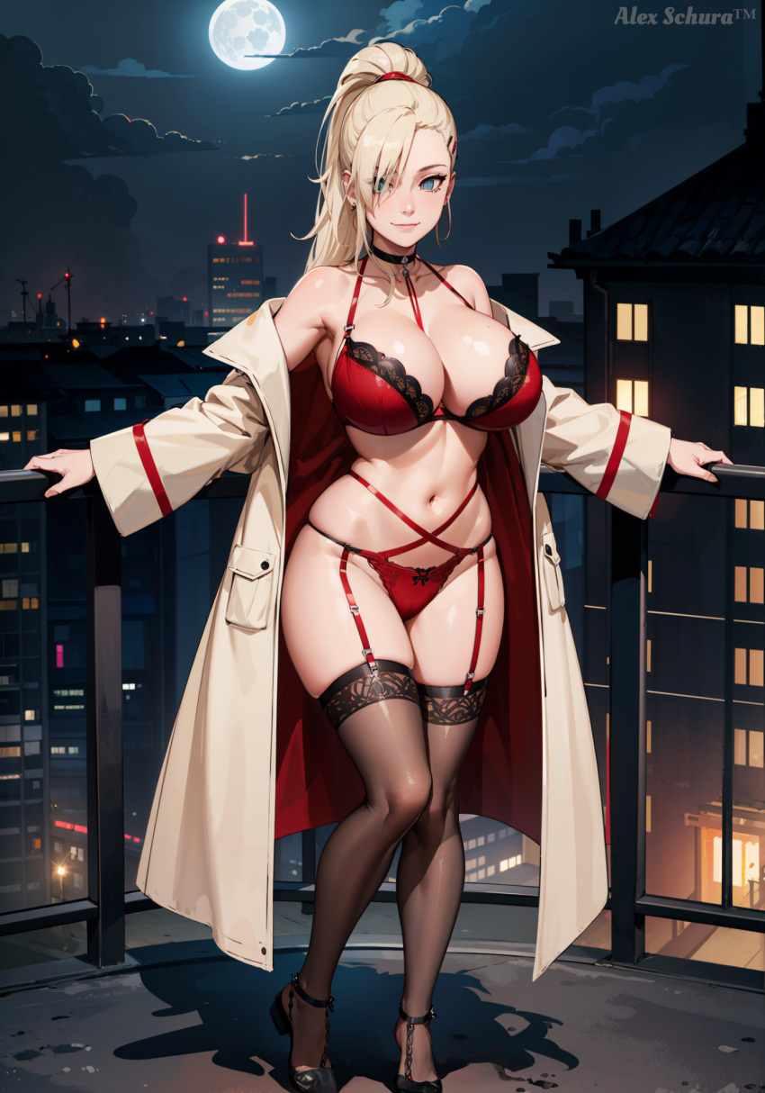 1girls adapted_costume ai_generated alex-schura arm_support artist_name balcony bare_chest bare_midriff bare_thighs barely_clothed big_breasts black_socks blonde_hair blue_eyes boruto:_naruto_next_generations bra breasts city_background cleavage coat curvaceous curvy curvy_figure female female_only garter_belt garter_straps hair_over_one_eye headband heels huge_breasts ino_yamanaka large_breasts lingerie lipstick makeup mature mature_female midriff milf mostly_nude nai_diffusion naruto naruto:_the_last naruto_(classic) naruto_(series) naruto_shippuden necklace panties pendant ponytail railing revealing_clothes sagging_breasts skimpy skimpy_clothes socks socks_and_heels solo solo_focus stable_diffusion standing stockings straps thigh_socks thighhighs trenchcoat voluptuous watermark wide_hips wide_sleeves