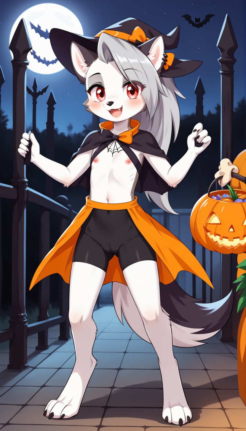 1girls 2024 aged_down ai_generated anthro bats blushing cameltoe digitigrade ear_piercing female female_only flat_chest grey_fur hair_over_one_eye halloween halloween_costume hellhound helluva_boss hi_res inner_ear_fluff jack-o'-lantern long_hair loona_(helluva_boss) moon night open_mouth pink_nipples red_eyes silver_eyes smile topless white_fur