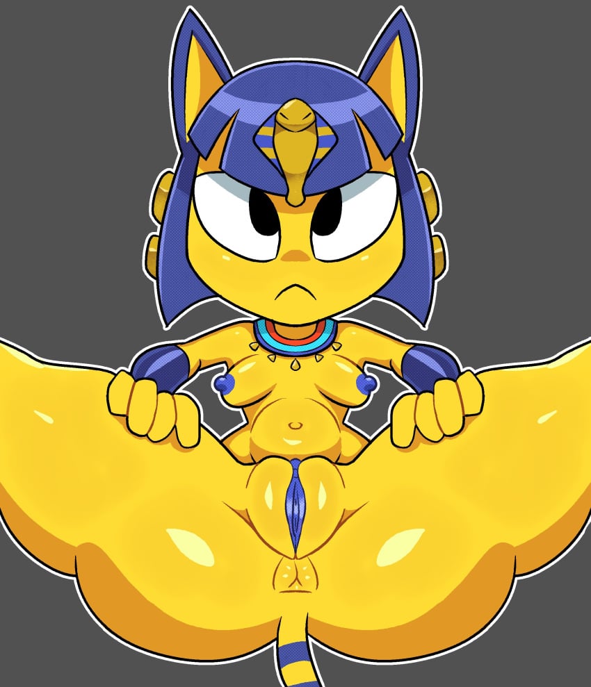 animal_crossing ankha ankha_(animal_crossing) anus ass black_eyes blue_hair blue_nipples blue_pussy breasts female female_only gyattzco looking_at_viewer nipples presenting pussy solo_female spread_legs tail thick_thighs y_anus yellow_fur