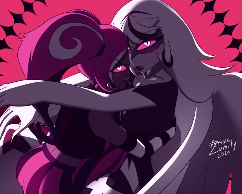 2demons 2girls anisiclumity carmilla_carmine demon demon_girl demon_girls demons hazbin_hotel kissing long_hair twitter velmilla velvette_(hazbin_hotel) vivienne_medrano vivziepop watermark yuri