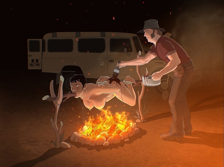 1boy 1girls alien_girl all_the_way_through arms_tied_behind_back bad_end black_hair cadetlt campfire cannibalism clothed_male_nude_female completely_nude cooking cooking_vore gynophagia hanging_breasts humanoid imminent_vore impalement land_rover literal_spitroast male medium_breasts night outdoors short_hair skewered snuff spitroast standing tagme