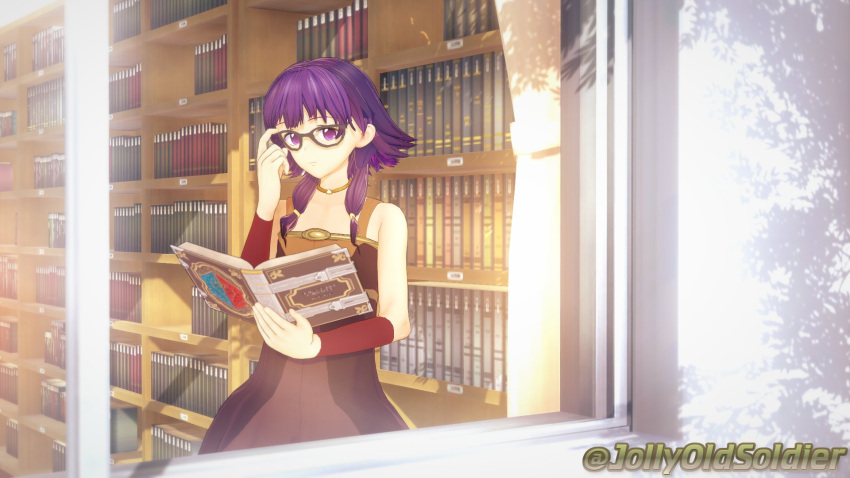 1girls 3d adjusting_glasses bangs book bookshelf breasts dress female female_only fire_emblem fire_emblem:_the_sacred_stones glasses holding holding_book indoors jollyoldsoldier library looking_at_viewer lute_(fire_emblem) nintendo outdoors purple_eyes purple_hair reading short_hair sidelocks small_breasts solo window