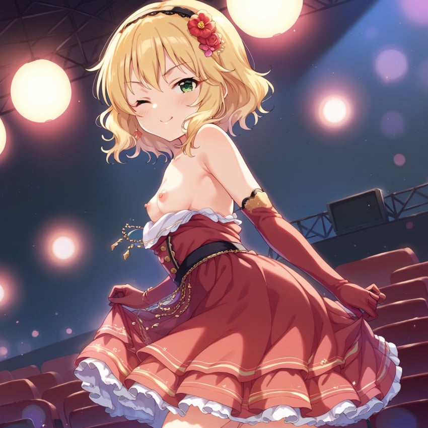 ai_generated blonde_hair idolmaster idolmaster_cinderella_girls nipples red_dress sakurai_momoka small_breasts