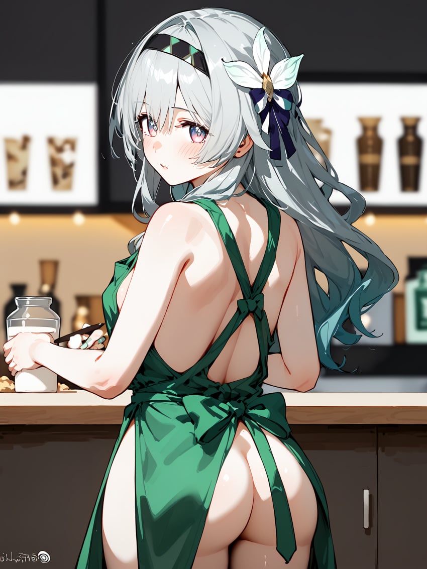 ai_generated areola_slip ass ass_focus blush firefly_(honkai:_star_rail) from_behind honkai:_star_rail hoyoverse implied_lactation naked_apron snowy_yukino starbucks