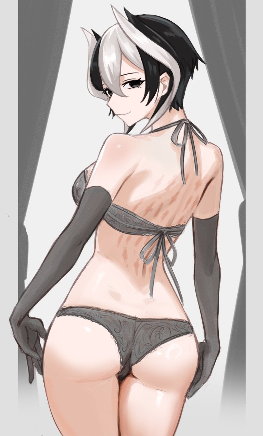 black_and_white_hair black_eyes black_hair bra elbow_gloves female female_only gloves grey_bra grey_panties hi_res hourglass_figure lingerie looking_at_viewer looking_back made_in_abyss miles2213x ozen pale-skinned_female pale_skin panties rear_view scars short_hair slim_waist smile solo thin_waist two_tone_hair wide_hips