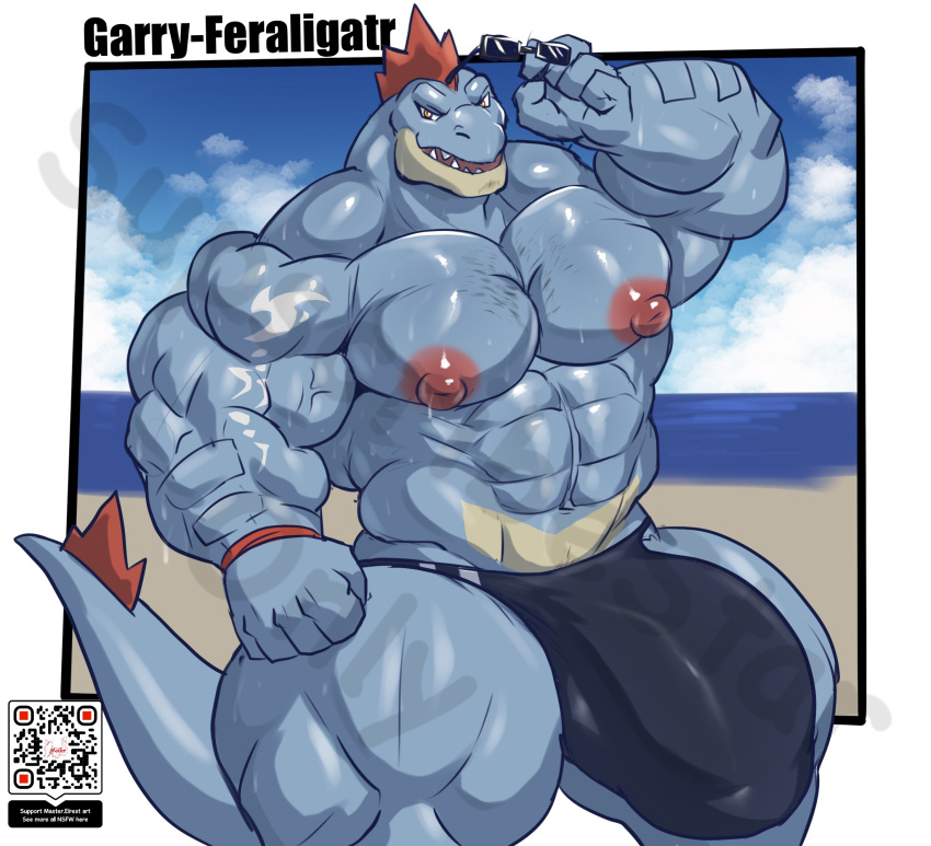 alligator big_bulge big_pecs bulge feraligatr male male_focus male_nipples male_only masterelrest muscular muscular_anthro muscular_male nipples pecs penis penis_under_clothes pokémon_(species) pokemon red_nipples solo sunglasses sunglasses_removed tagme