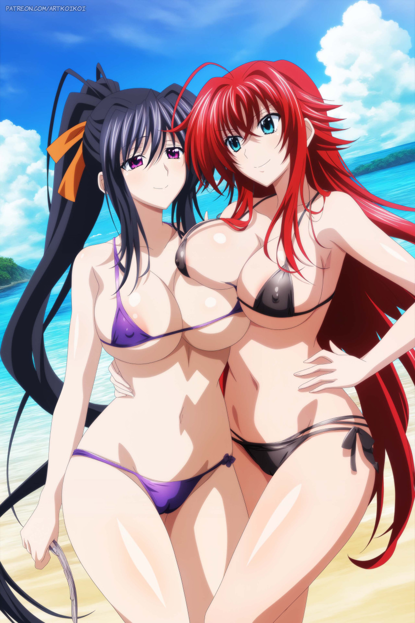 2girls ai_generated akeno_himejima artkoikoi beach big_breasts bikini black_hair blue_eyes breasts busty curvy female female_only high_school_dxd long_hair nipples_visible_through_clothing red_hair rias_gremory skimpy_bikini wide_hips yuri