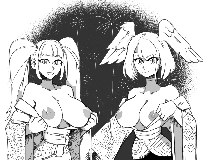 2girls alternate_costume breasts cleavage crossover eunie_(xenoblade) female female_only fire_emblem fire_emblem:_three_houses fireworks hilda_valentine_goneril japanese_clothes kimono large_breasts monochrome multiple_girls new_year nintendo nipples ragingbarbarians xenoblade_(series) xenoblade_chronicles_3