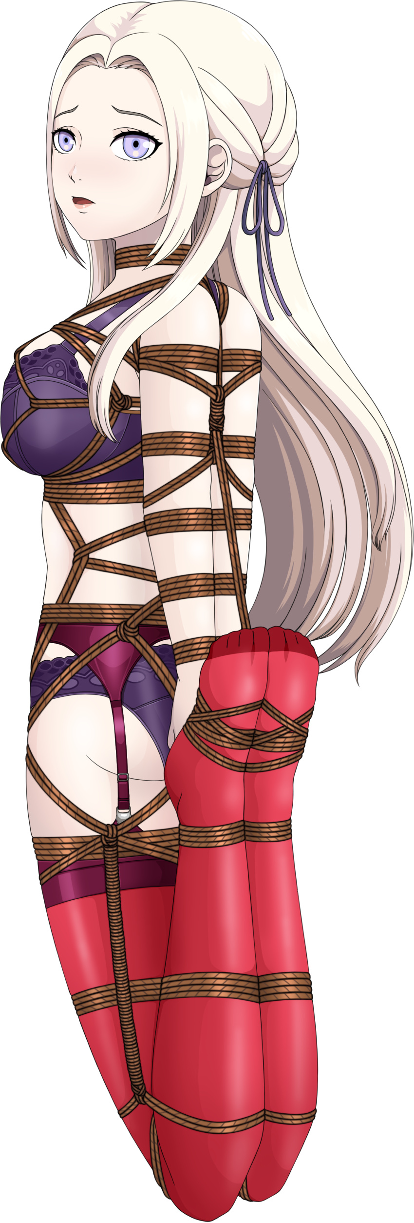 1girls alpha_channel arms_behind_back bare_arms bare_thighs blue_eyes bondage bound bound_arms bound_legs bound_wrists bra breasts edelgard_von_hresvelg falalalalalalal female female_only femsub fire_emblem fire_emblem:_three_houses for_sticker_use garter_belt long_hair looking_at_viewer looking_back medium_breasts nintendo no_background open_mouth panties png purple_bra purple_eyes purple_panties restrained rope rope_bondage solo sticker_template thighhighs thighs transparent_background transparent_png underwear white_hair