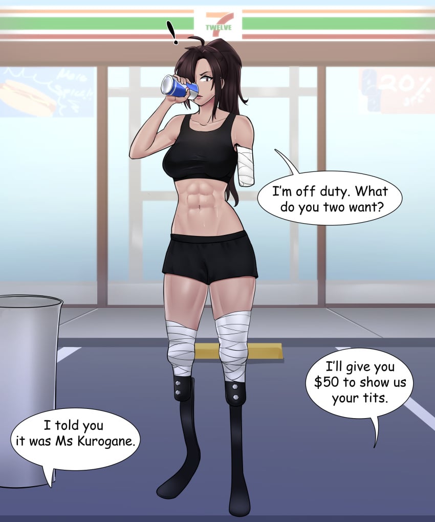 1girls abs agents_of_dawn amaredeimus amputee annoyed bandages gym_clothes ponytail prosthetic prostitution public rei_kurogane sports_bra sports_shorts sweat triple_amputee