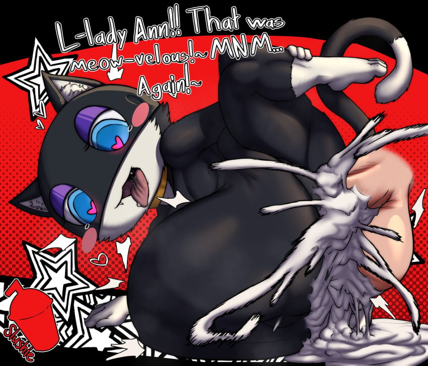 1boy 1futa 2024 ann_takamaki anthro cum_drip cum_in_ass cum_inside dialogue english_text femboy furry futa_is_bigger futa_on_femboy futa_on_male futadom futanari huge_cock inflation male male_focus morgana_(persona) persona_5 slushiebest solo_focus tagme text