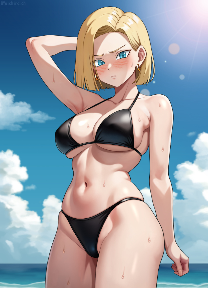 android_18 arm_behind_head armpits artist_name beach bikini black_bikini blonde_hair blue_eyes breasts cleavage dragon_ball female highres large_breasts legs looking_at_viewer mature_female navel ocean short_hair sweat swimsuit thick_thighs thighs toned water yoichiro_ch