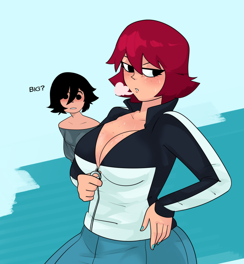 2girls asian bare_shoulders big_breasts black_eyes black_hair blue_nails blush breasts chinese clothed female female_only freckles freckles_on_breasts freckles_on_face kim_pine knives_chau nail_polish red_hair scott_pilgrim short_hair slugman_(artist) sweat unzipped