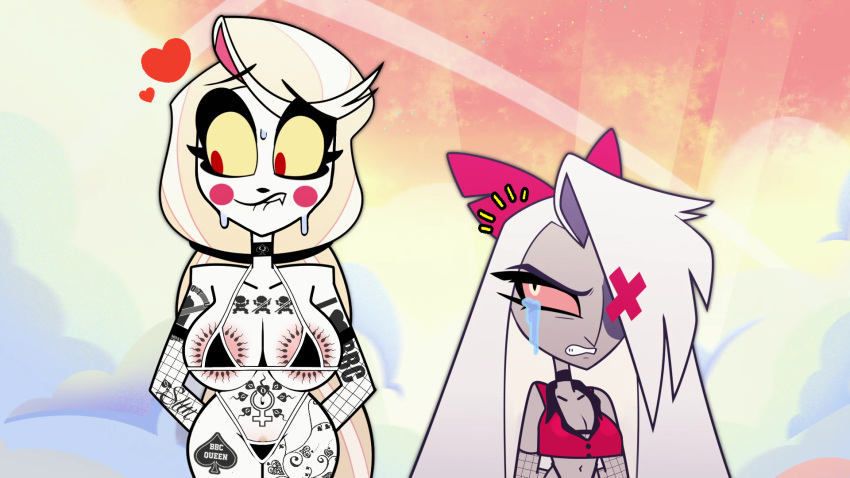 16:9_aspect_ratio 2girls abortion_mark areola_slip areolae arms_behind_back bikini black_bikini black_choker black_swimsuit blush_stickers bodily_fluids breasts charlie_morningstar_(hazbin_hotel) cheating cheating_girlfriend choker cleavage clenched_teeth clothing colored_sclera colored_skin crop_top crying cuck cuckold cuckquean female fishnets hair_over_one_eye hazbin_hotel heart high_resolution interracial large_breasts lesbian_couple long_hair looking_at_another micro_bikini multiple_girls navel ntr pregnancy_tally queen_of_spades red_eyes steca stomach_tattoo sweat swimsuit tattoo tears teeth thelazyart vaggie_(hazbin_hotel) very_long_hair white_hair white_skin yellow_sclera