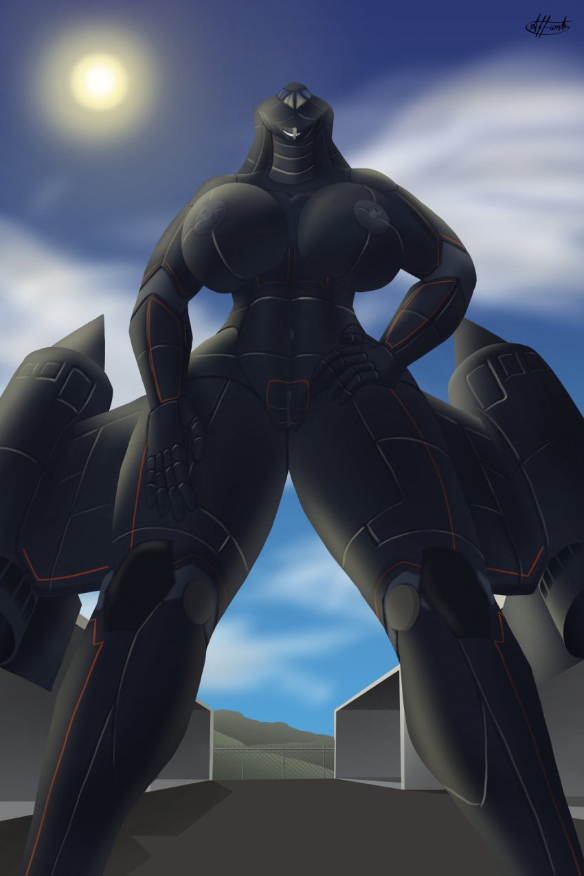 aeromorph affront aircraft big_breasts breasts female genitals hand_on_hip hi_res living_aircraft living_machine living_vehicle looking_at_viewer low-angle_view machine nipples pussy signature sky solo sr-71_blackbird sun thick_thighs vehicle