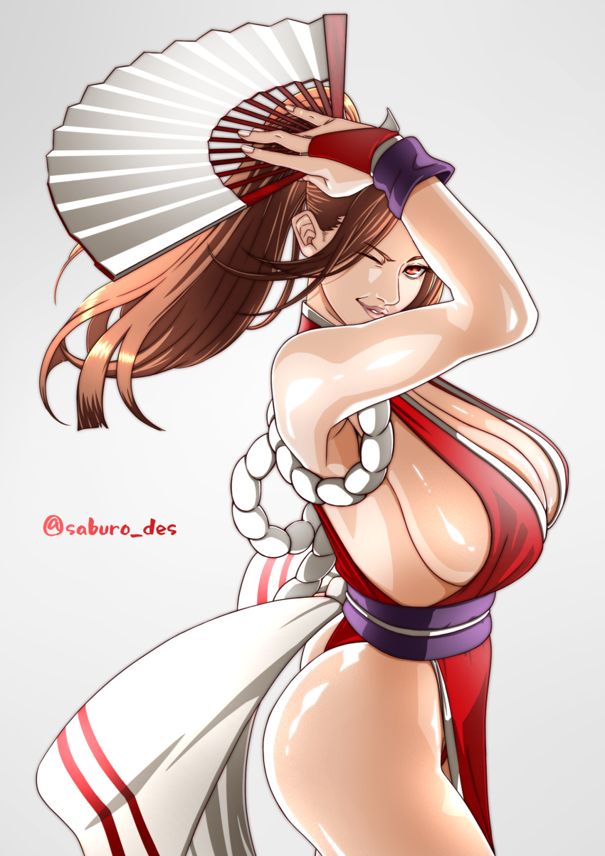 arm_guards ass bare_shoulders breasts brown_eyes brown_hair cleavage cowboy_shot fan fatal_fury female folding_fan hand_fan high_ponytail high_resolution holding holding_fan king_of_fighters large_breasts long_hair looking_at_viewer mai_shiranui ninja pelvic_curtain ponytail revealing_clothes rope saburo_des sideboob simple_background smile snk solo thighs tied_hair traditional_clothes wafuku white_background