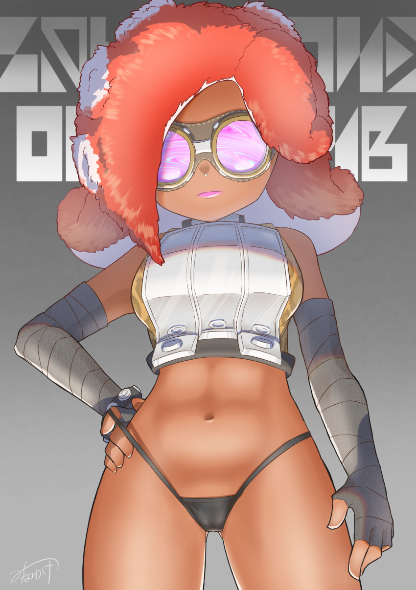 1girls abdominals abs animal_humanoid animal_print armor background_text body_armor bottomless bracelet cephalopod cephalopod_humanoid clothed clothed_female clothing dark-skinned_male dark_skin elbow_gloves female female_focus female_only fingerless_gloves fuzzy_(splatoon) fuzzy_octoling goggles gray_background grey_background hand_on_hip leopard leopard_print leopard_spots lipstick looking_at_viewer looking_down midriff mollusk mollusk_humanoid nintendo nintendo_switch octarian octoling octoling_girl octopus octopus_girl octopus_humanoid panties pink_lipstick pseudo_hair pubic_hair_peek red_hair shaved_crotch shaved_pussy simple_background splatoon splatoon_(series) splatoon_3 tentacle tentacle_hair text_in_background video_game video_game_character video_games