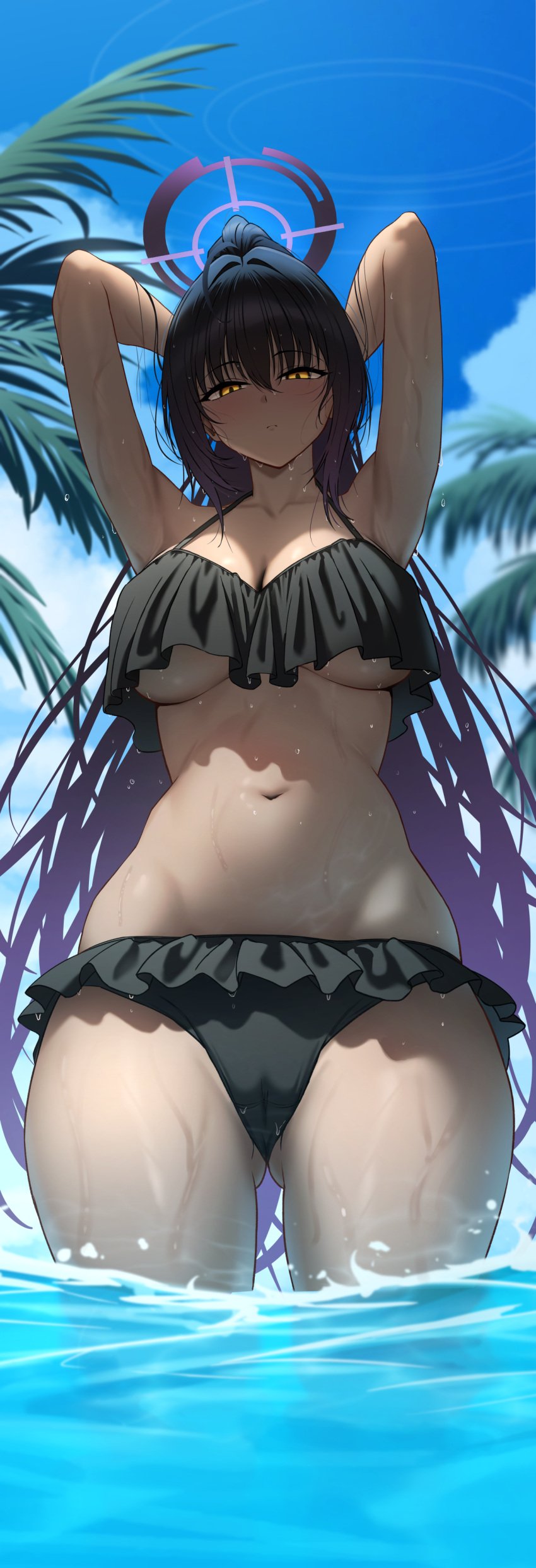 1girls beach bikini black_hair blue_archive breasts cameltoe dark-skinned_female dark_skin female frilled_bikini frills karin_(blue_archive) large_breasts long_hair outdoors solar_(happymonk) swimsuit underboob