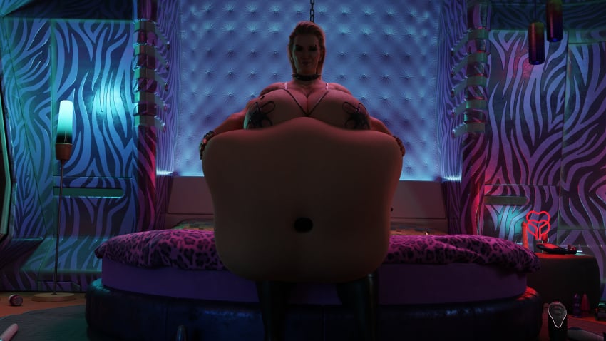 1girls 3d bed bedroom belly big_belly big_breasts breasts cyberpunk_2077 female huge_belly huge_breasts massive_breasts meredith_stout pasties same_size_vore sombrasnack vore