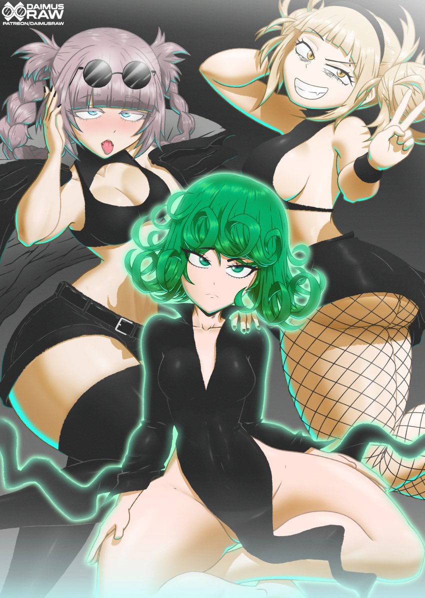 3girls blonde_hair call_of_the_night crossover daimusraw female female_only fishnets goth goth_girl green_hair himiko_toga light_skin multiple_girls my_hero_academia nanakusa_nazuna nanakusa_nazuna_(yofukashi_no_uta) one-punch_man tatsumaki yofukashi_no_uta